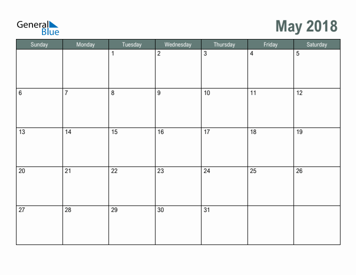 Free Printable May 2018 Calendar