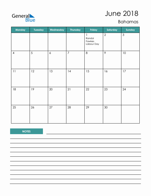 Calendar with Notes Printable - Monday Start