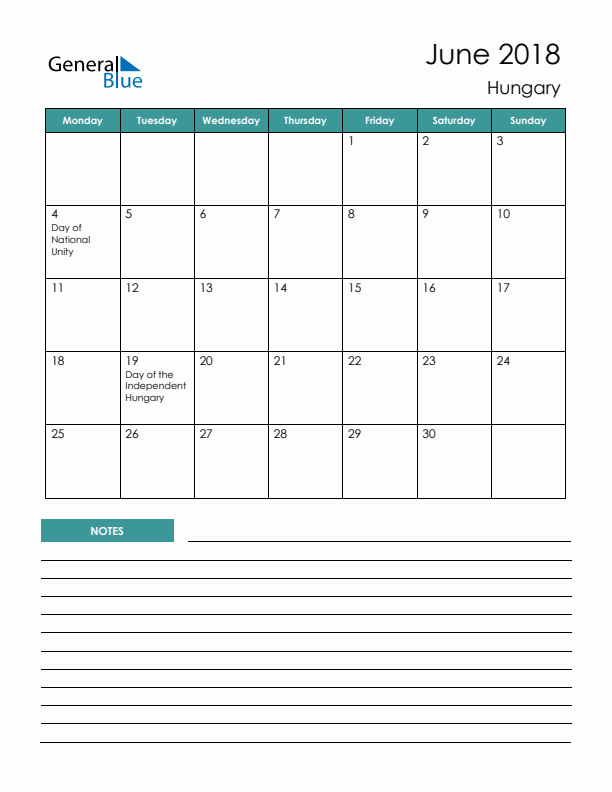 Calendar with Notes Printable - Monday Start