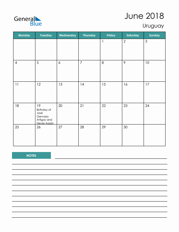 Calendar with Notes Printable - Monday Start