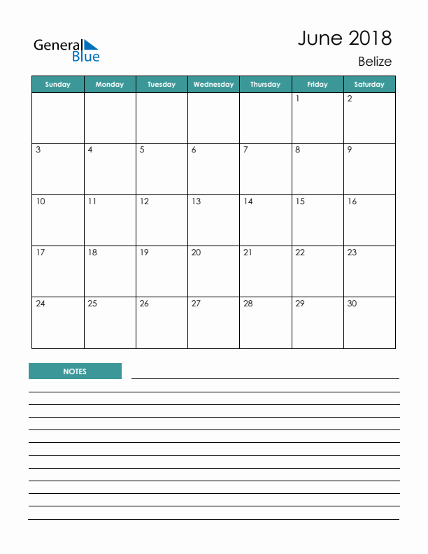 Calendar with Notes Printable - Sunday Start