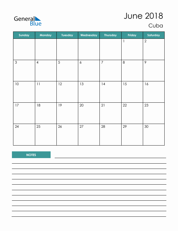 Calendar with Notes Printable - Sunday Start