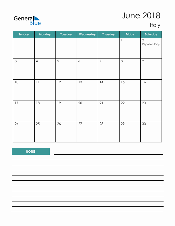 Calendar with Notes Printable - Sunday Start