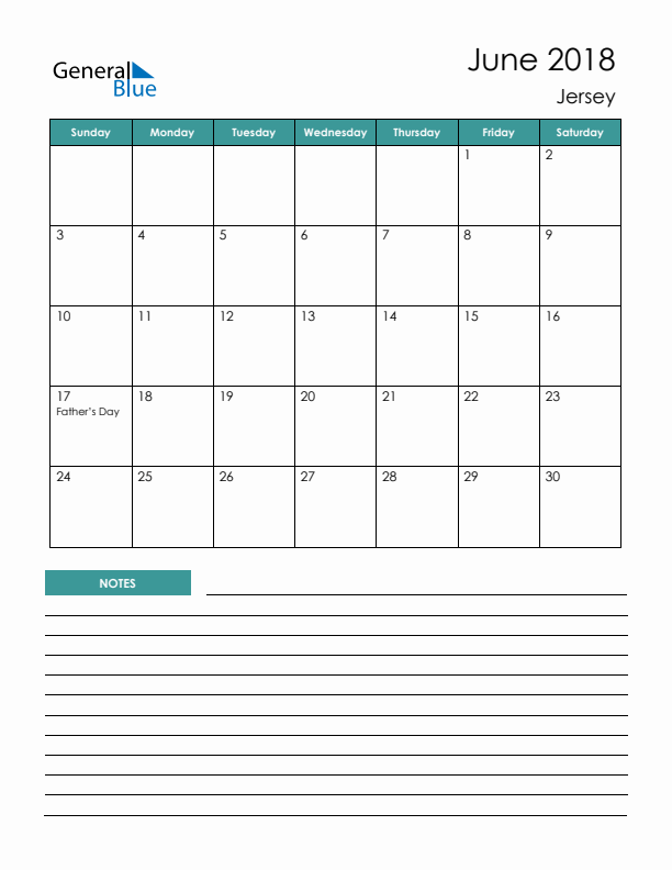 Calendar with Notes Printable - Sunday Start