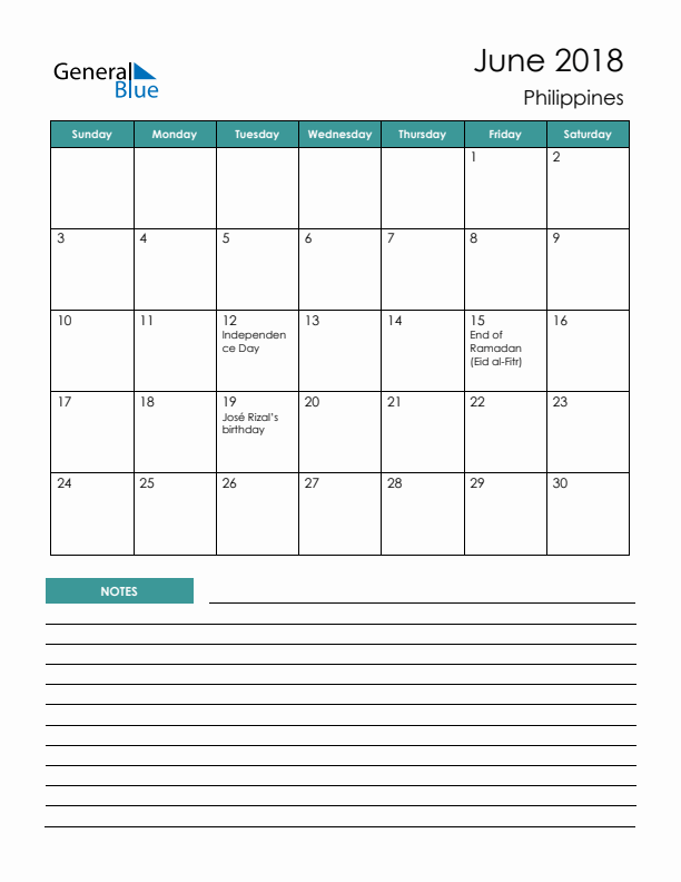 Calendar with Notes Printable - Sunday Start