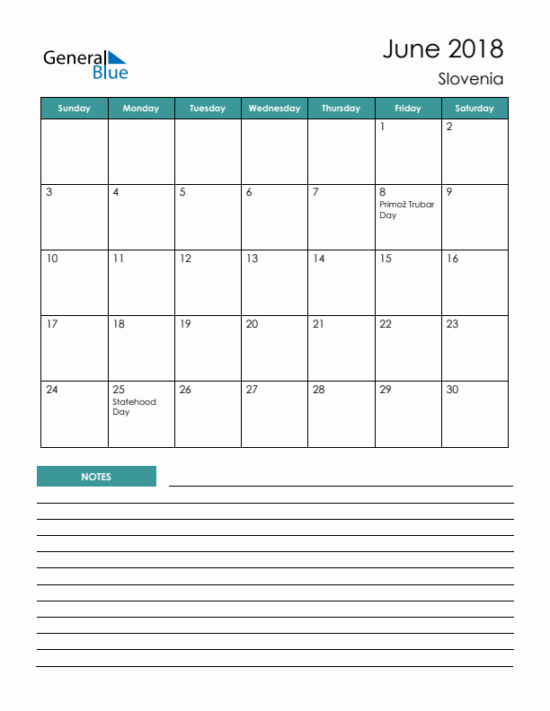 Calendar with Notes Printable - Sunday Start