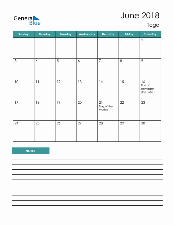 Calendar with Notes Printable - Sunday Start