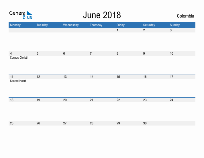 Fillable June 2018 Calendar