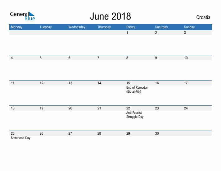 Fillable June 2018 Calendar