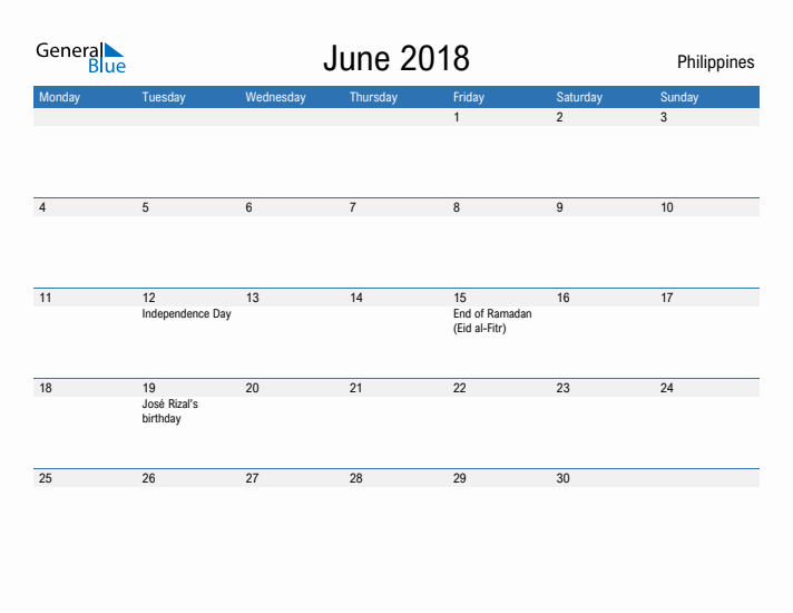 Fillable June 2018 Calendar