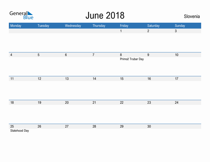 Fillable June 2018 Calendar