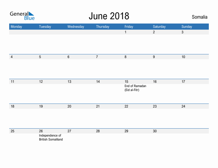 Fillable June 2018 Calendar