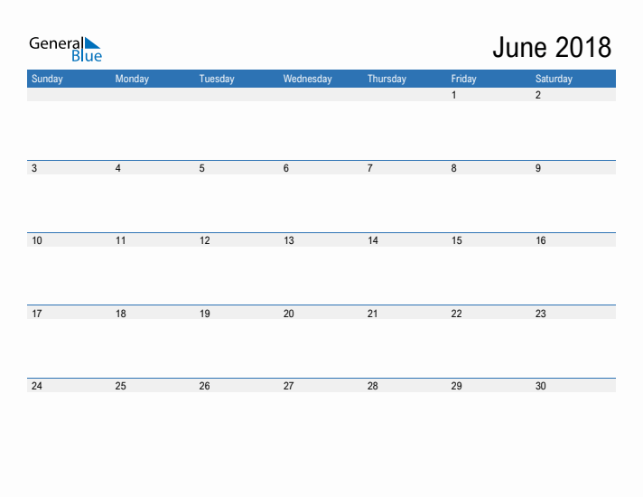 Fillable Calendar for June 2018