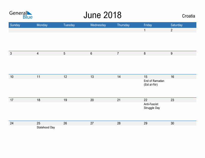 Fillable June 2018 Calendar