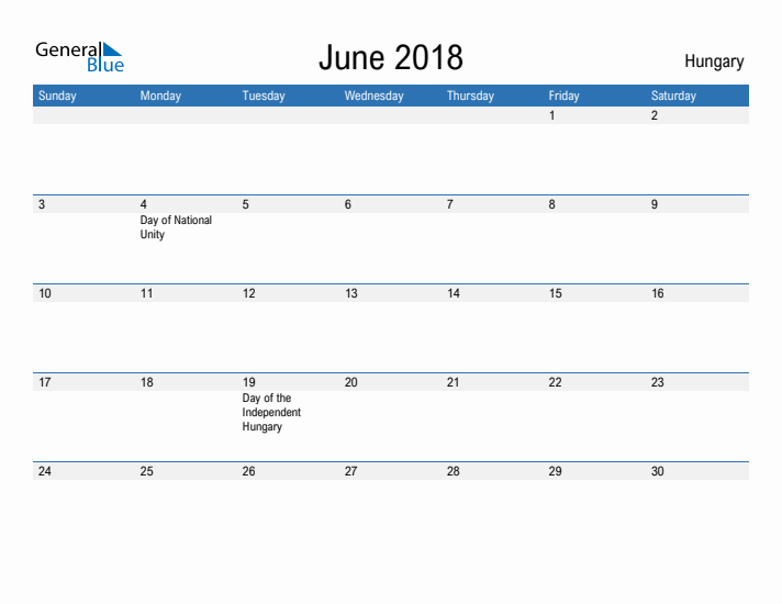 Fillable June 2018 Calendar