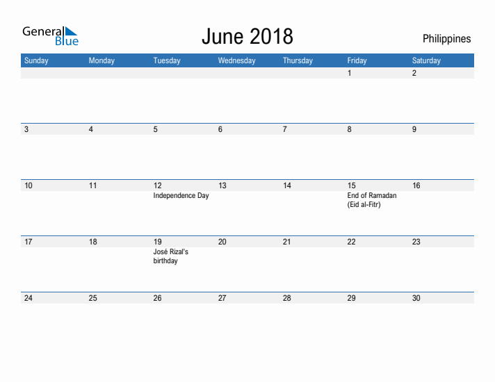 Fillable June 2018 Calendar