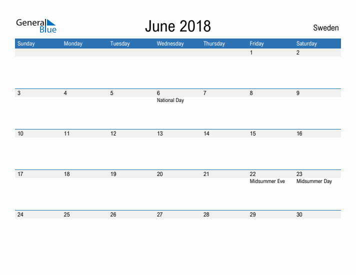 Fillable June 2018 Calendar