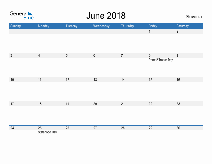 Fillable June 2018 Calendar