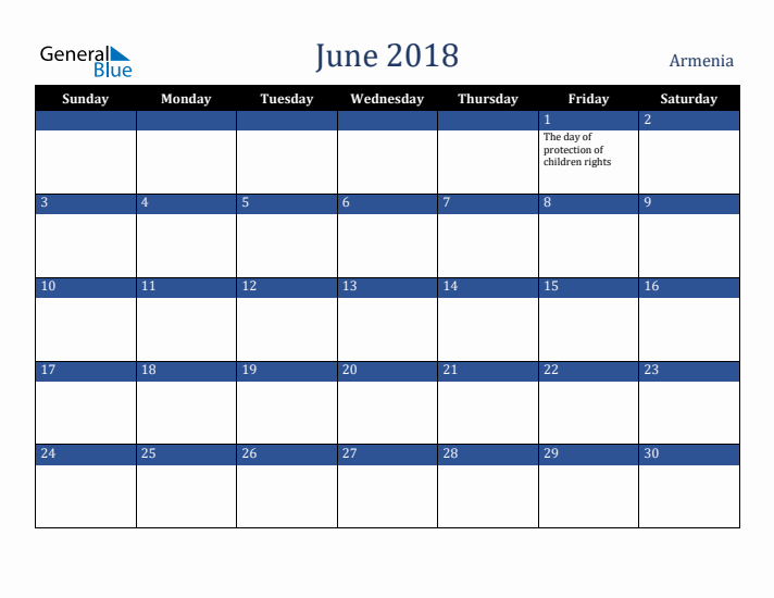 June 2018 Armenia Calendar (Sunday Start)