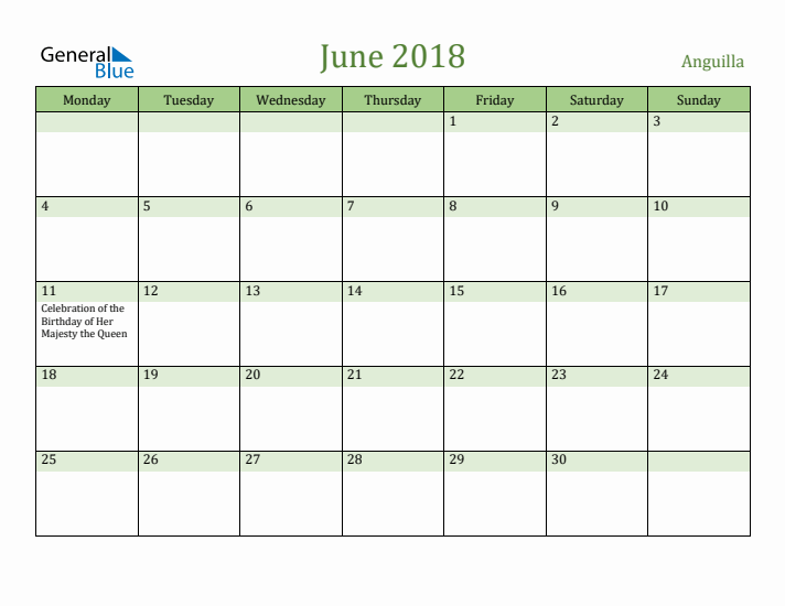 June 2018 Calendar with Anguilla Holidays