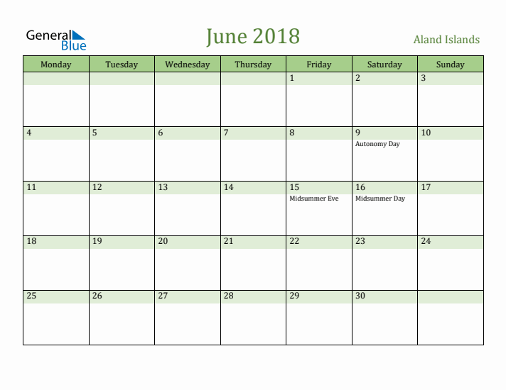 June 2018 Calendar with Aland Islands Holidays