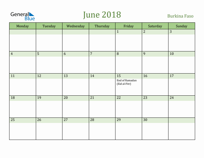 June 2018 Calendar with Burkina Faso Holidays