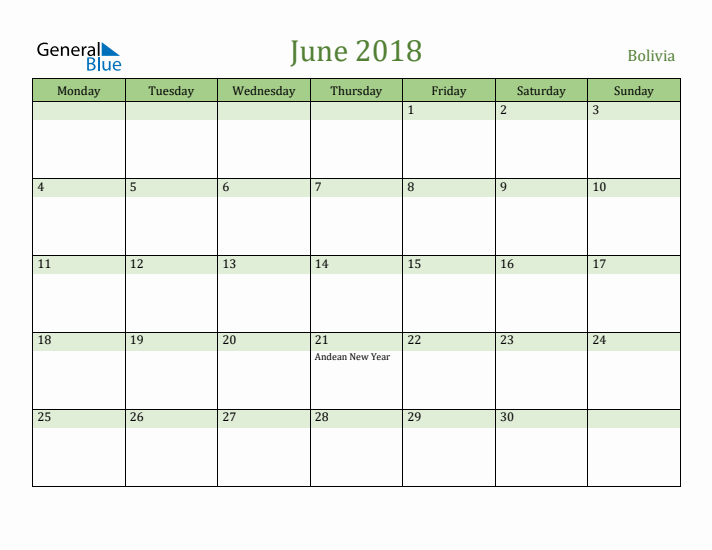 June 2018 Calendar with Bolivia Holidays