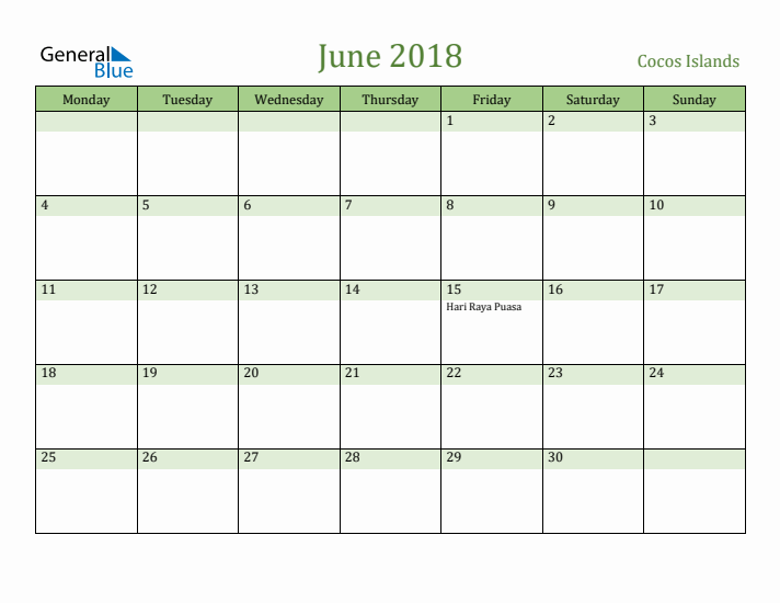 June 2018 Calendar with Cocos Islands Holidays