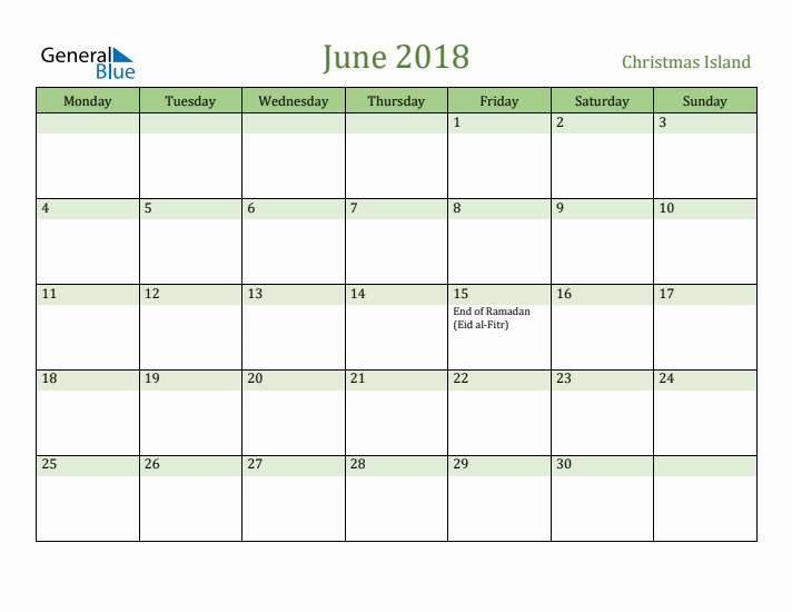 June 2018 Calendar with Christmas Island Holidays