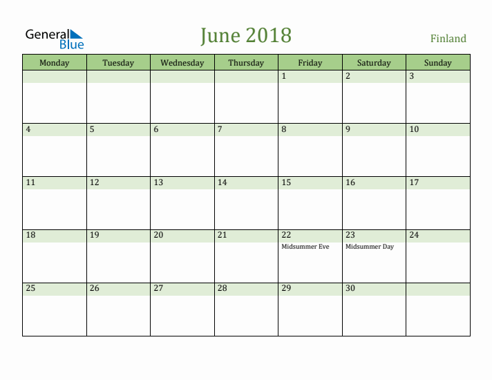 June 2018 Calendar with Finland Holidays