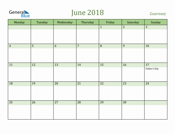 June 2018 Calendar with Guernsey Holidays