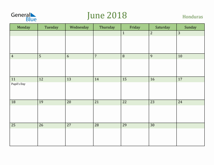 June 2018 Calendar with Honduras Holidays