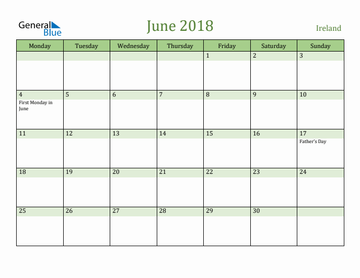 June 2018 Calendar with Ireland Holidays