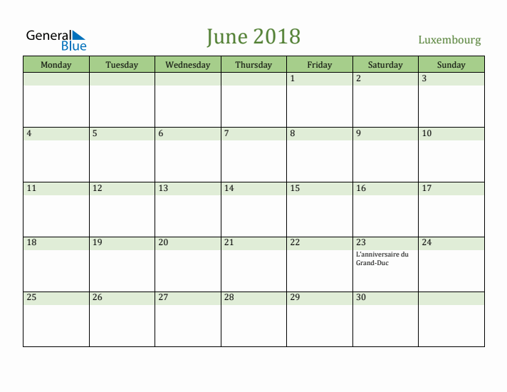 June 2018 Calendar with Luxembourg Holidays