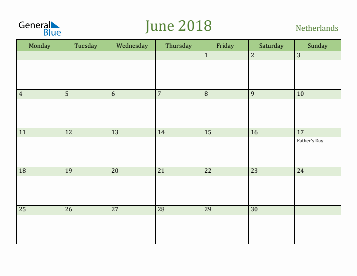 June 2018 Calendar with The Netherlands Holidays