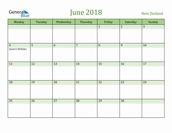 June 2018 Calendar with New Zealand Holidays