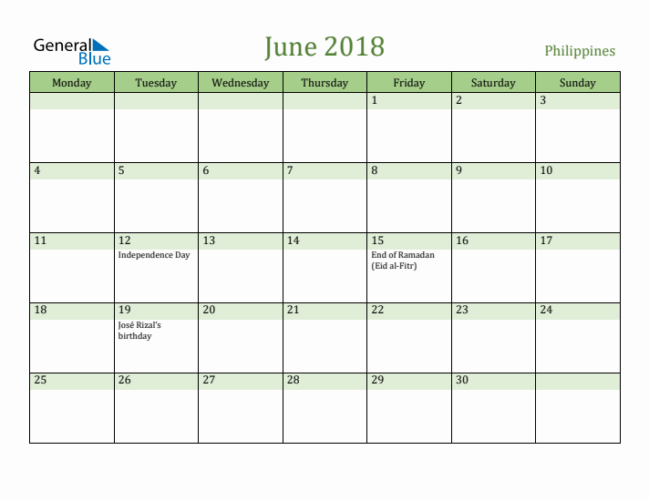 June 2018 Calendar with Philippines Holidays