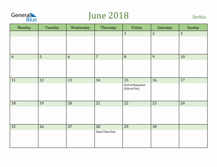 June 2018 Calendar with Serbia Holidays