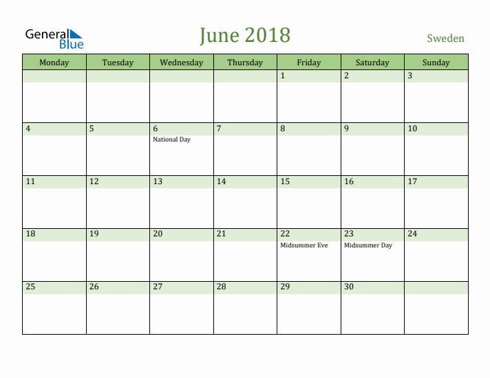 June 2018 Calendar with Sweden Holidays