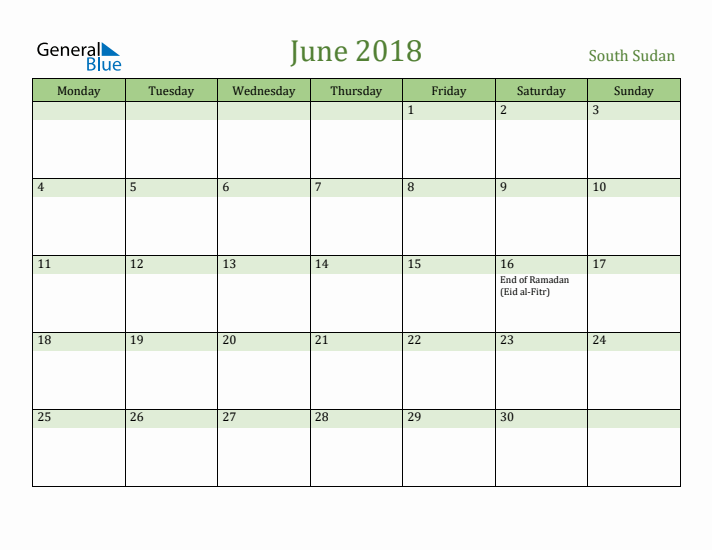 June 2018 Calendar with South Sudan Holidays