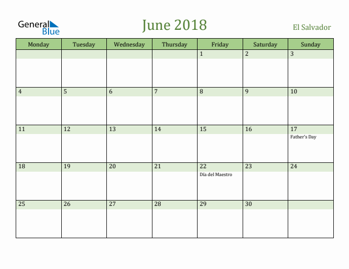 June 2018 Calendar with El Salvador Holidays