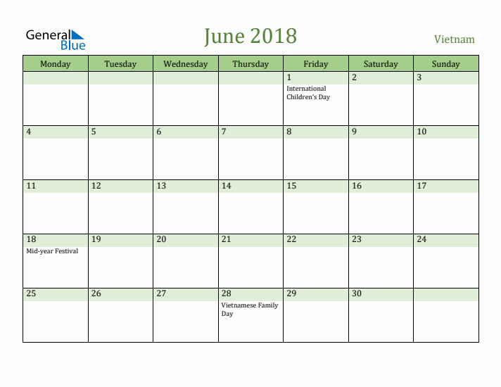 June 2018 Calendar with Vietnam Holidays