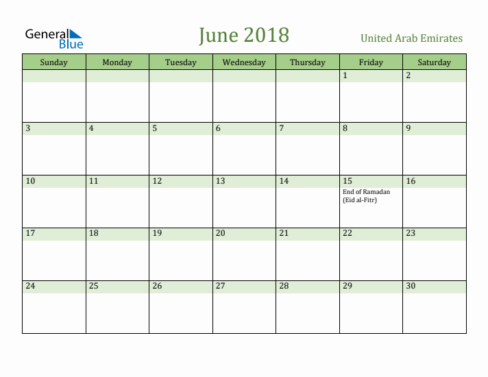 June 2018 Calendar with United Arab Emirates Holidays