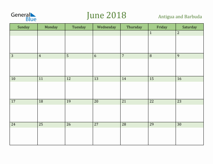 June 2018 Calendar with Antigua and Barbuda Holidays