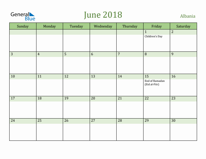 June 2018 Calendar with Albania Holidays