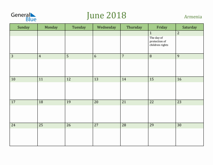 June 2018 Calendar with Armenia Holidays