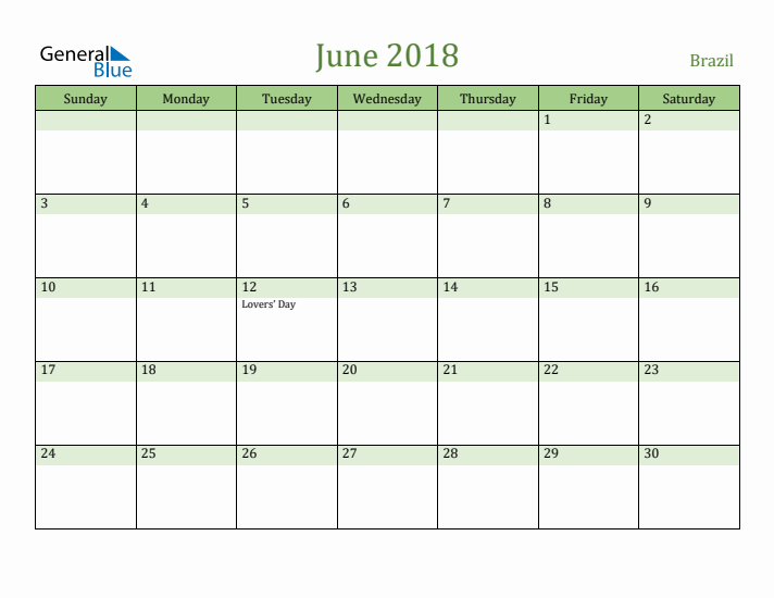 June 2018 Calendar with Brazil Holidays