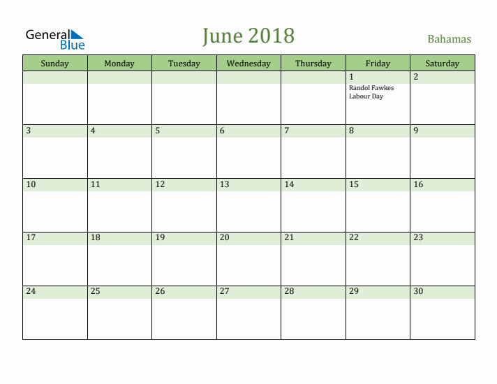 June 2018 Calendar with Bahamas Holidays