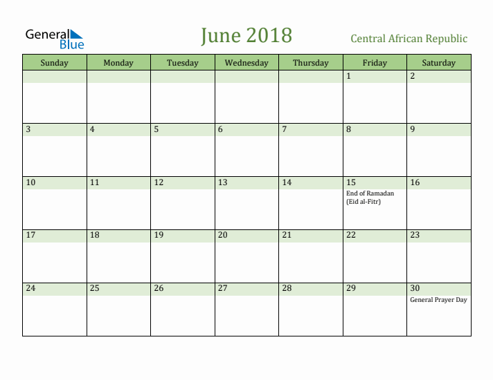 June 2018 Calendar with Central African Republic Holidays