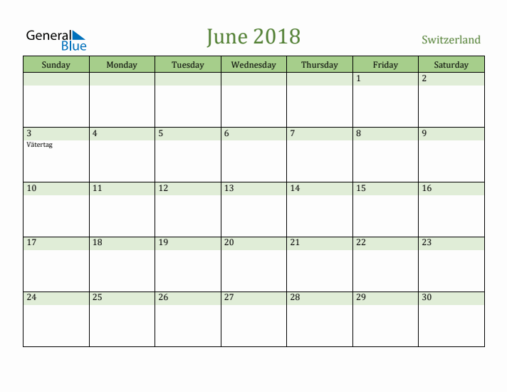 June 2018 Calendar with Switzerland Holidays